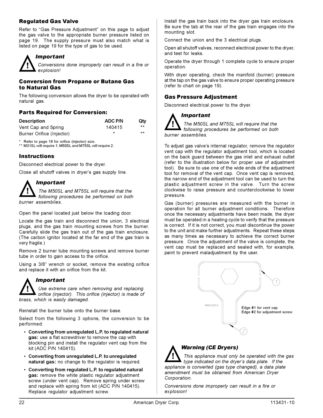 American Dryer Corp M31SL manual Regulated Gas Valve, Conversion from Propane or Butane Gas to Natural Gas 