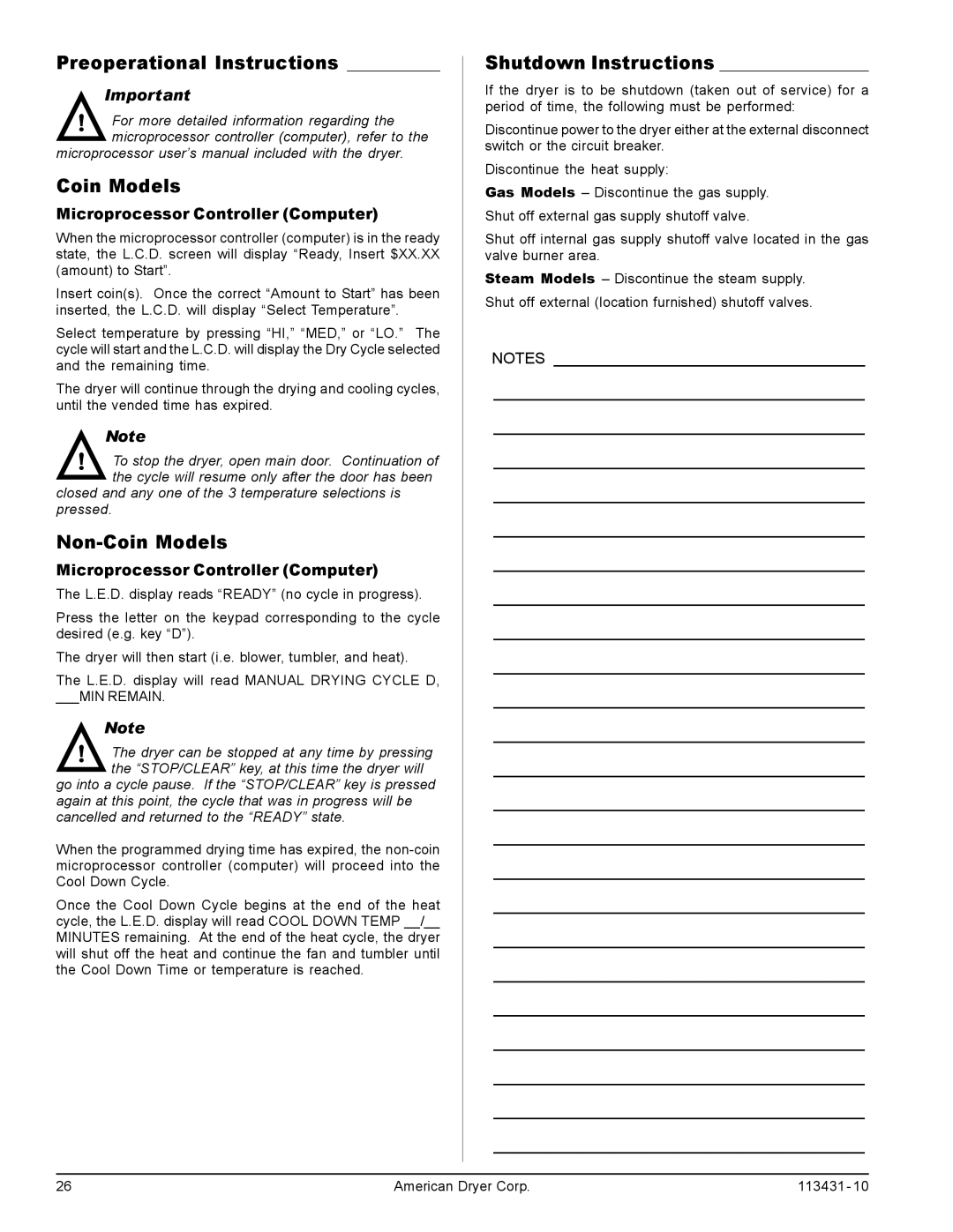 American Dryer Corp M31SL manual Preoperational Instructions, Non-Coin Models, Shutdown Instructions 