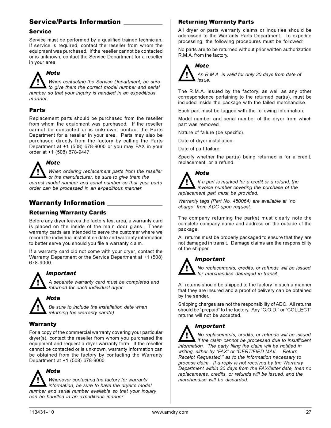 American Dryer Corp M31SL manual Service/Parts Information, Warranty Information 