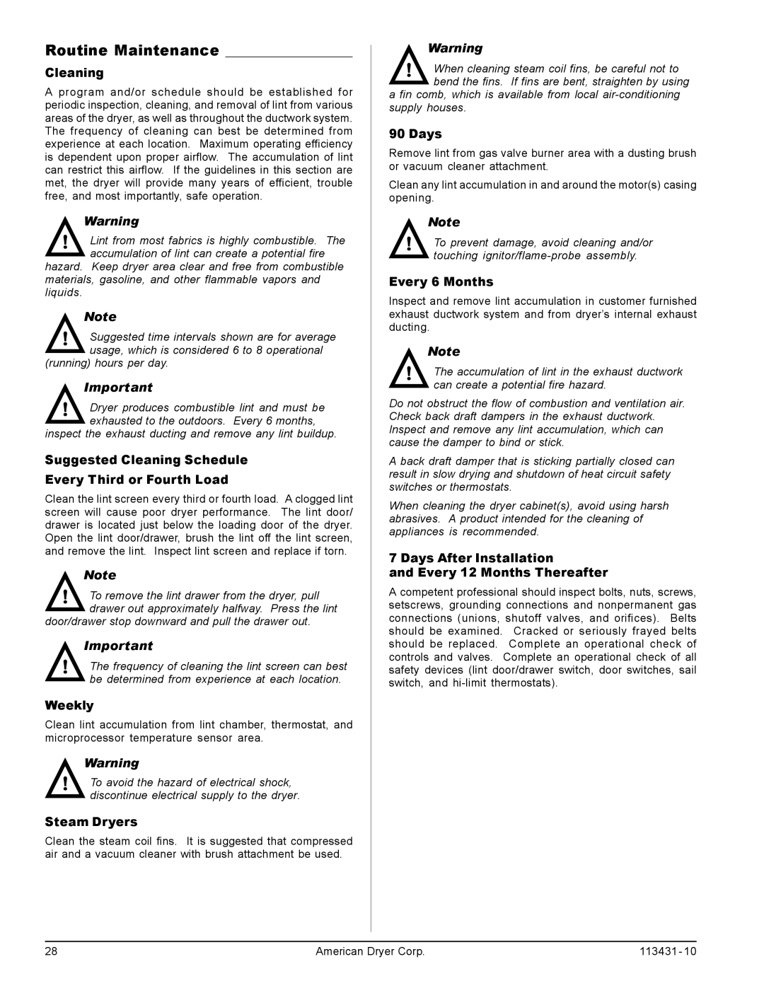 American Dryer Corp M31SL manual Routine Maintenance 