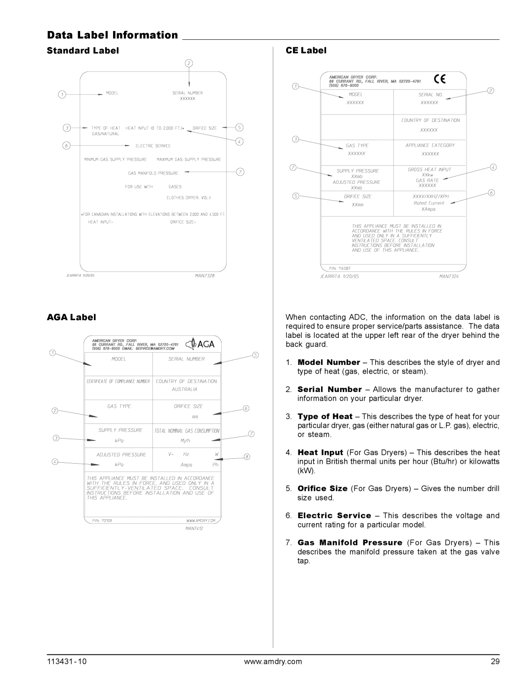 American Dryer Corp M31SL manual Data Label Information, Standard Label AGA Label CE Label 