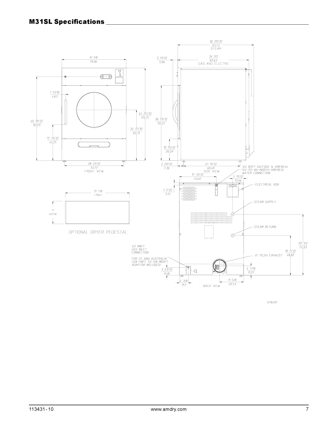 American Dryer Corp manual M31SL Specifications 