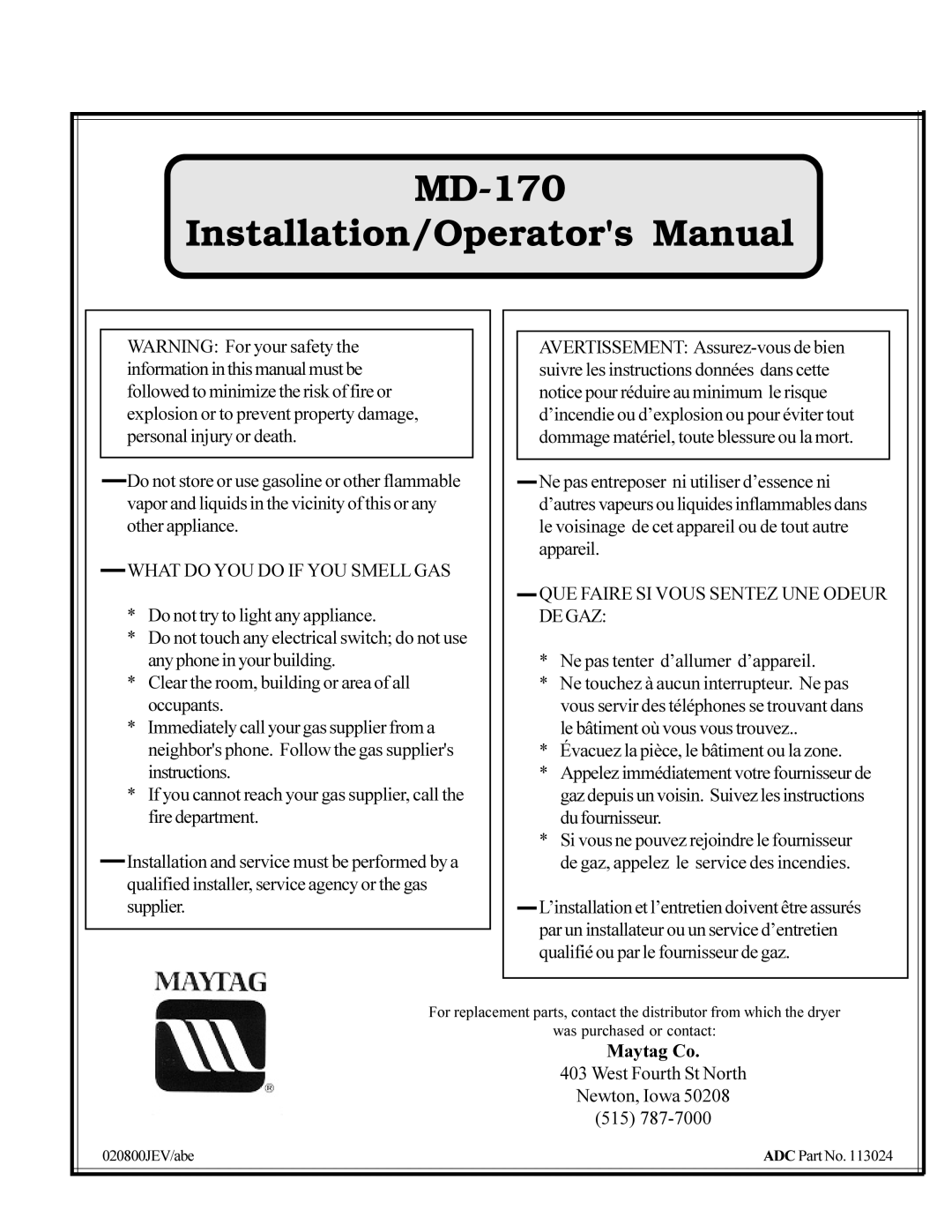 American Dryer Corp manual MD-170 Installation/Operators Manual, Maytag Co 