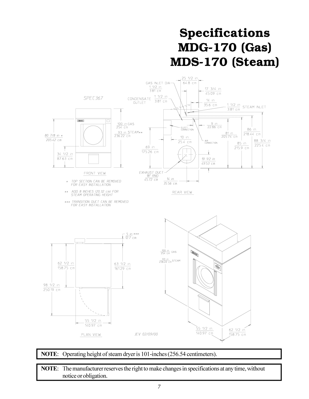 American Dryer Corp MD-170 manual Specifications MDG-170 Gas MDS-170 Steam 