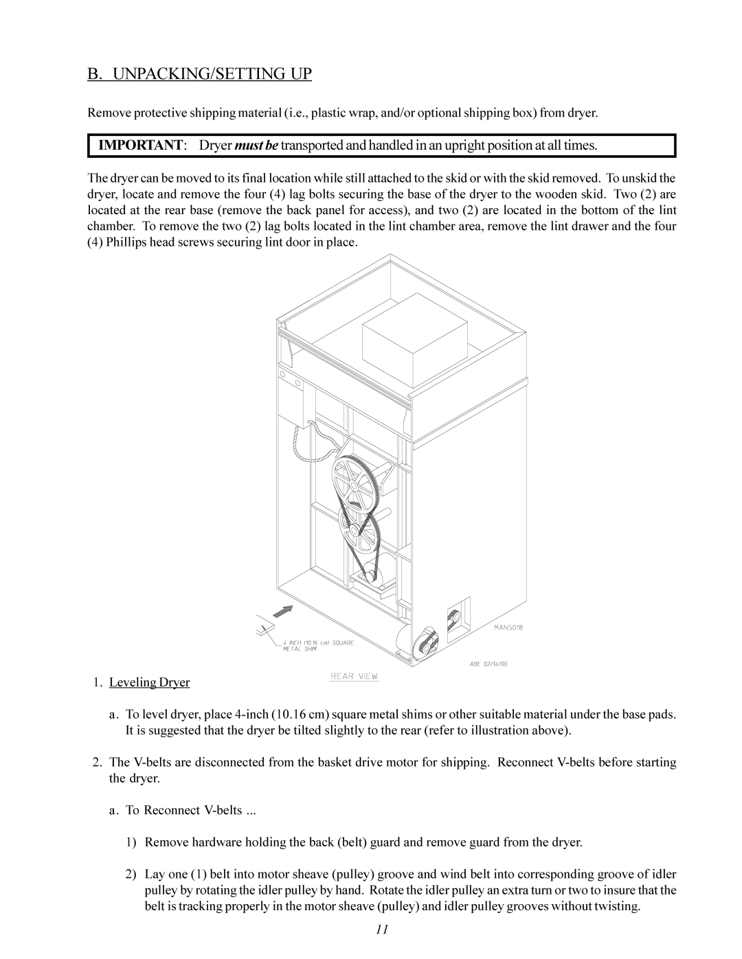 American Dryer Corp MD-170 manual Unpacking/Setting Up 