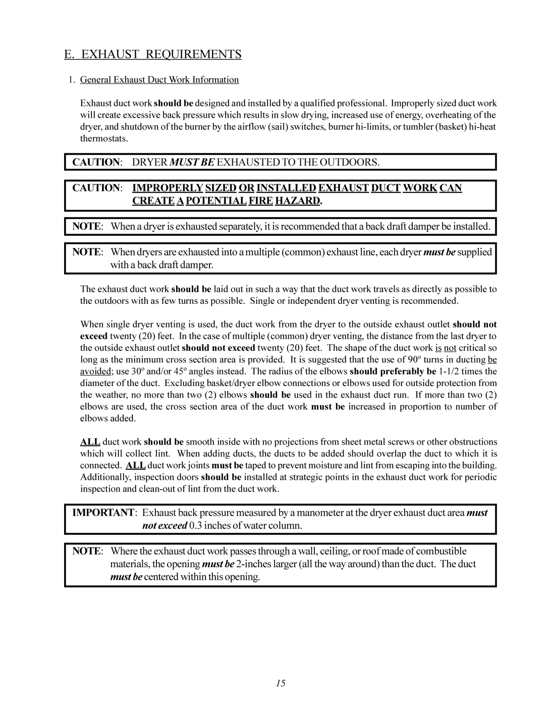 American Dryer Corp MD-170 manual Exhaust Requirements, Create a Potential Fire Hazard 