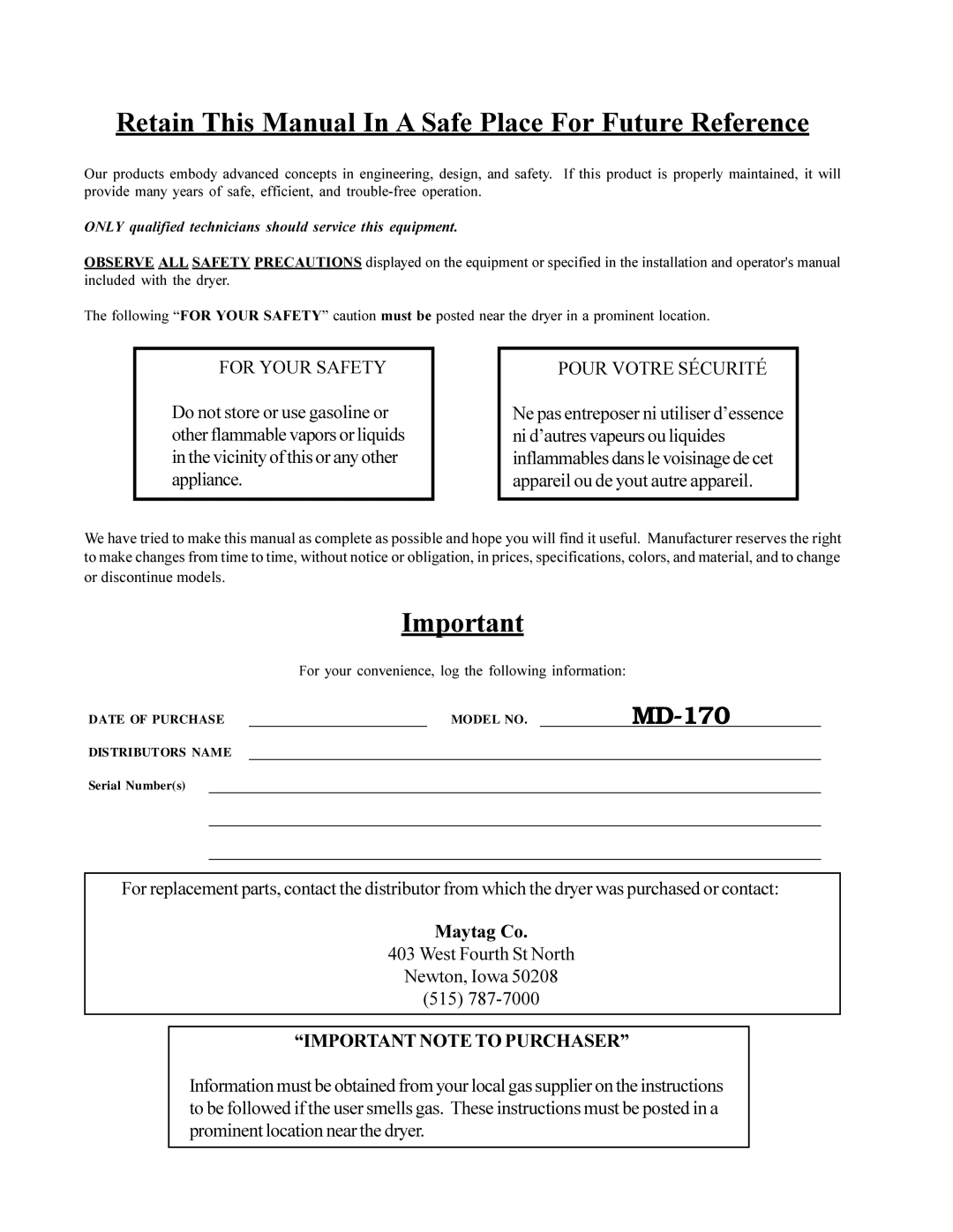 American Dryer Corp MD-170 manual Retain This Manual In a Safe Place For Future Reference 