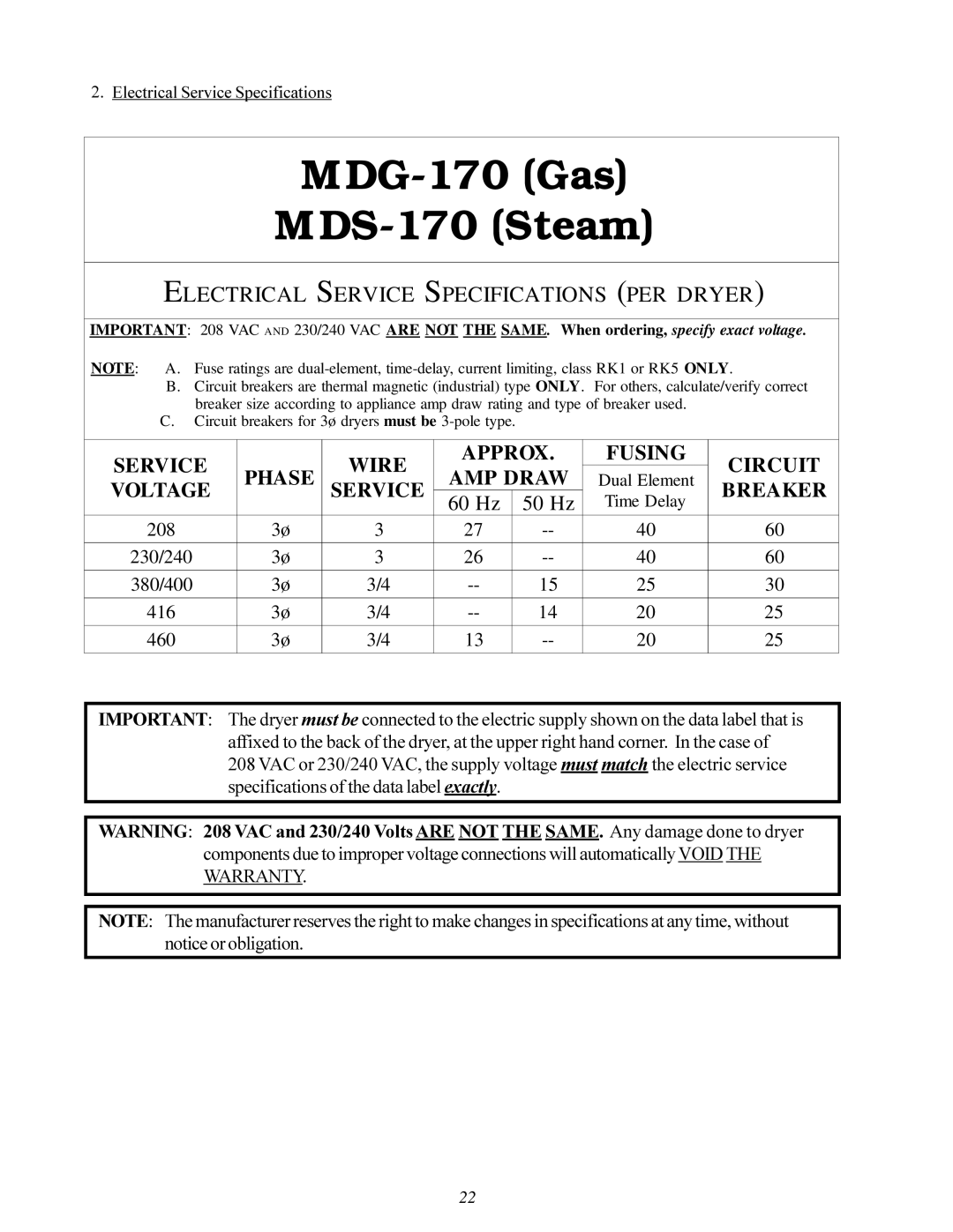 American Dryer Corp MD-170 manual MDG-170 Gas MDS-170 Steam 