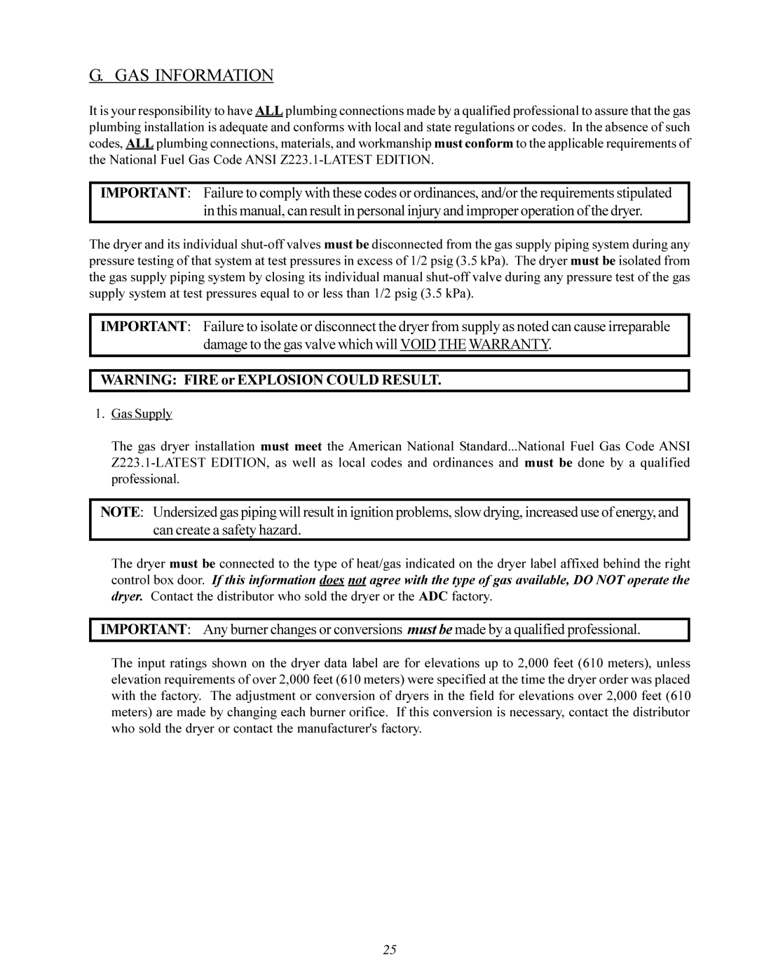 American Dryer Corp MD-170 manual GAS Information 