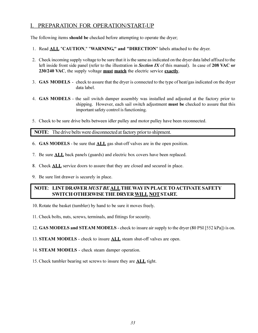 American Dryer Corp MD-170 manual Preparation for OPERATION/START-UP, Switch Otherwise the Dryer will not Start 