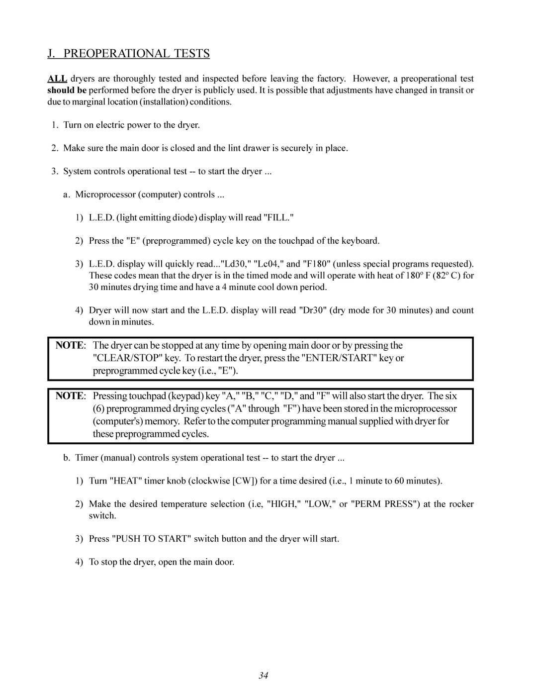 American Dryer Corp MD-170 manual Preoperational Tests 