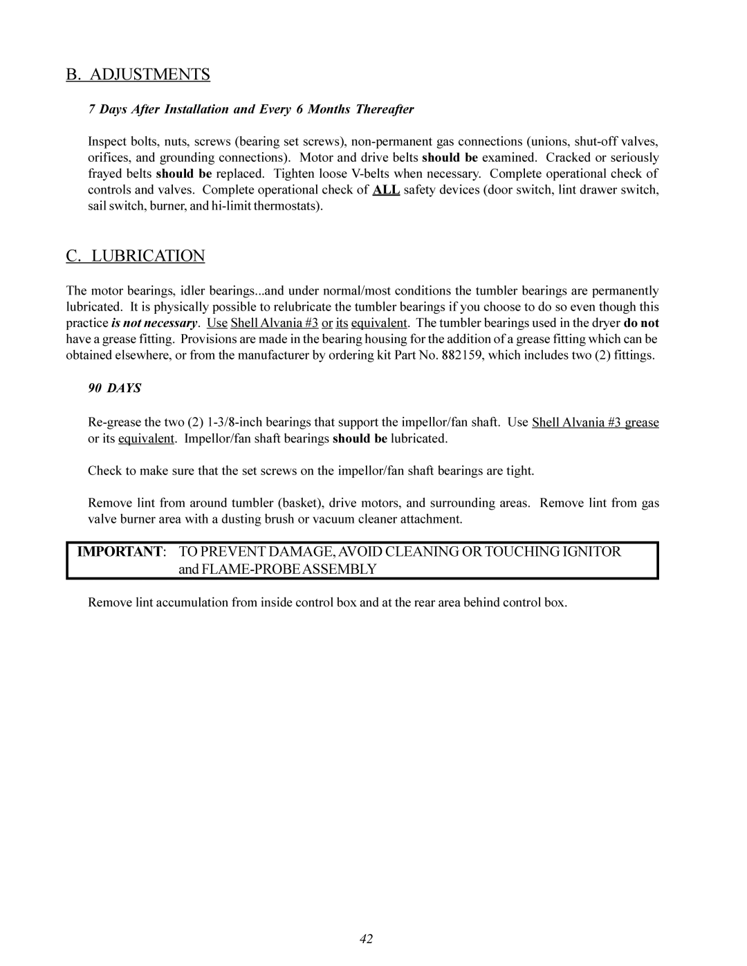 American Dryer Corp MD-170 manual Adjustments, Lubrication 