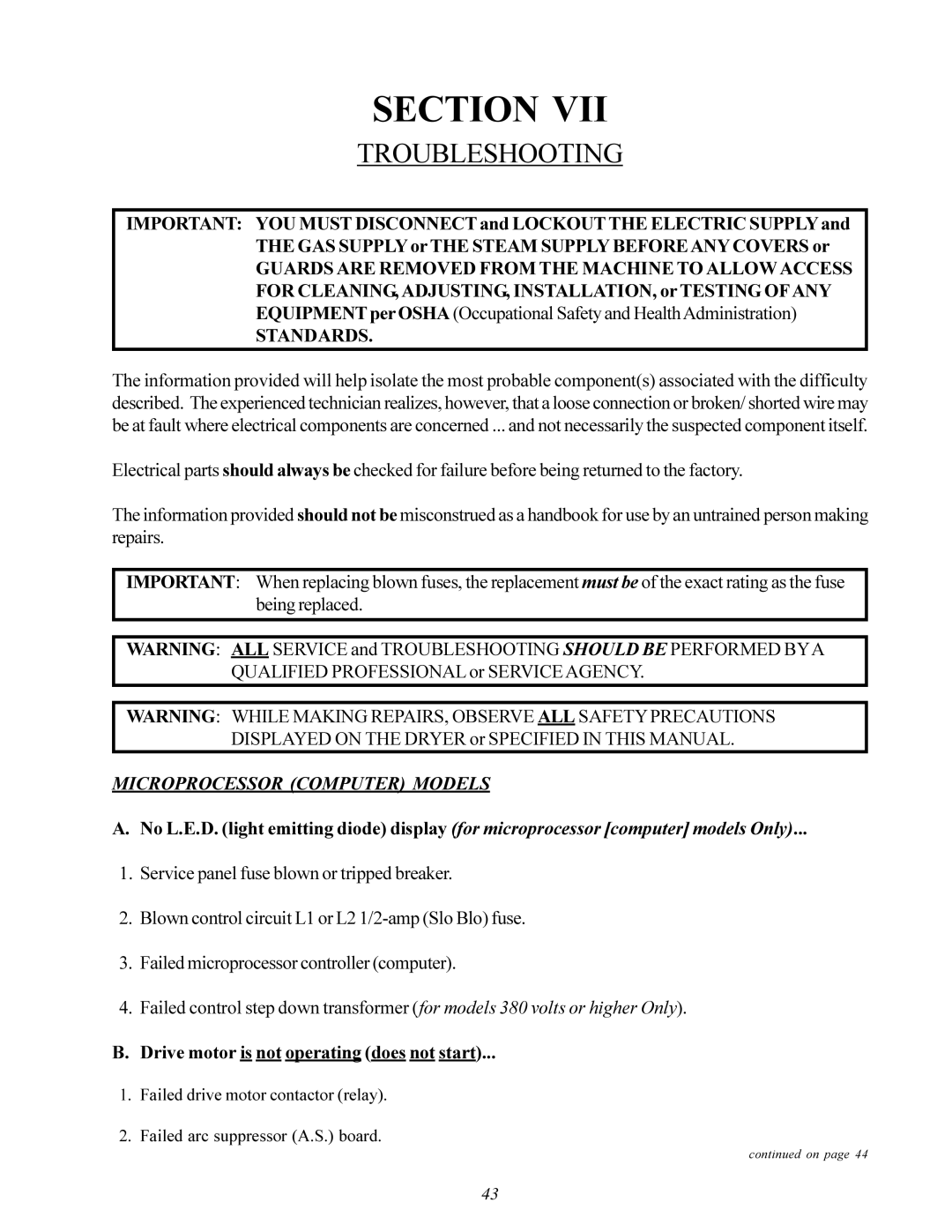 American Dryer Corp MD-170 manual Troubleshooting, Drive motor is not operating does not start 