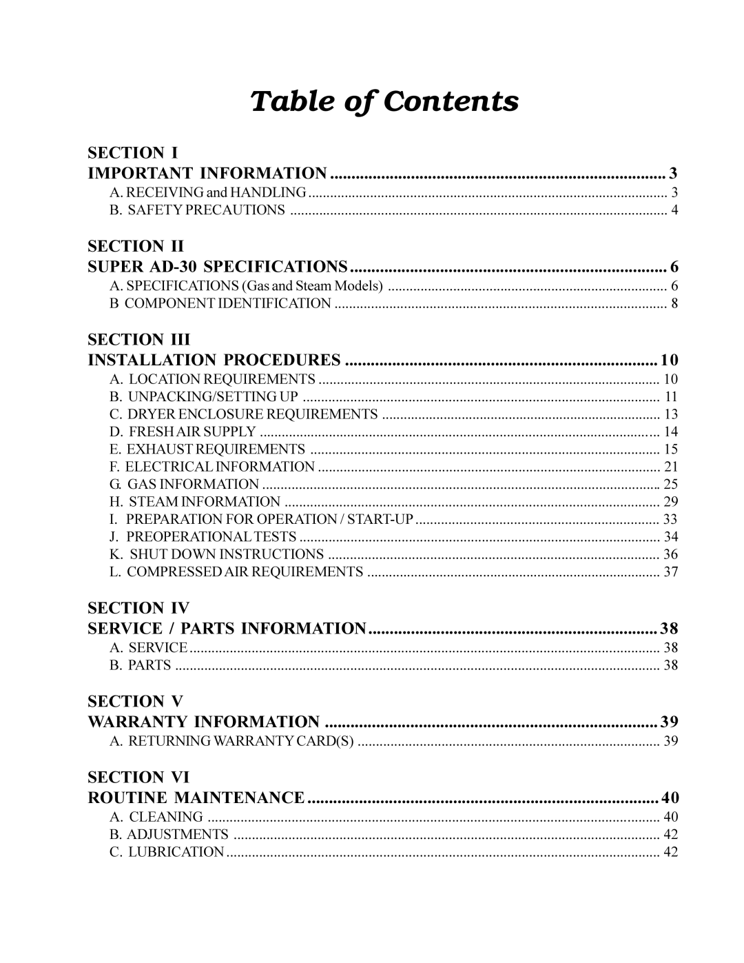 American Dryer Corp MD-170 manual Table of Contents 