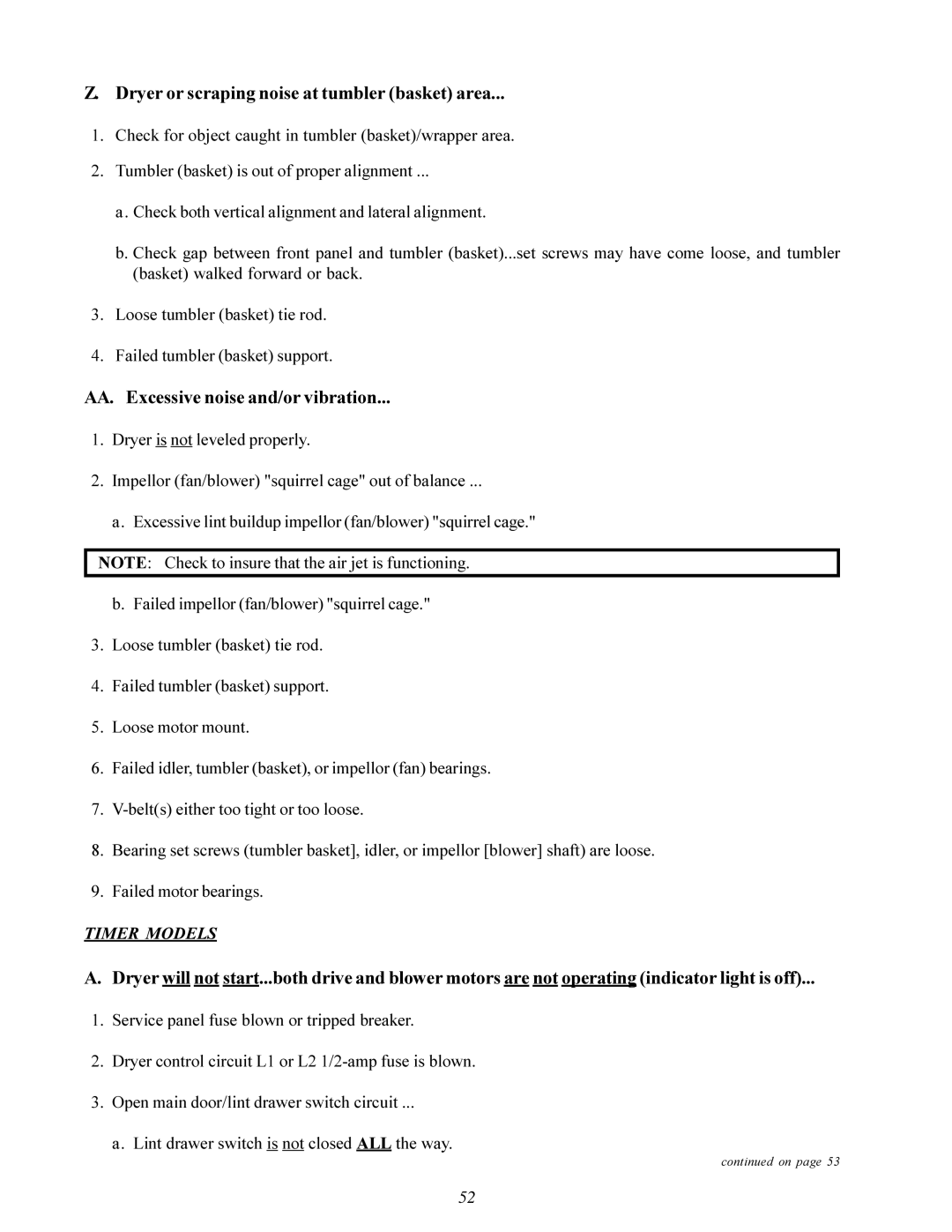 American Dryer Corp MD-170 manual Dryer or scraping noise at tumbler basket area, AA. Excessive noise and/or vibration 