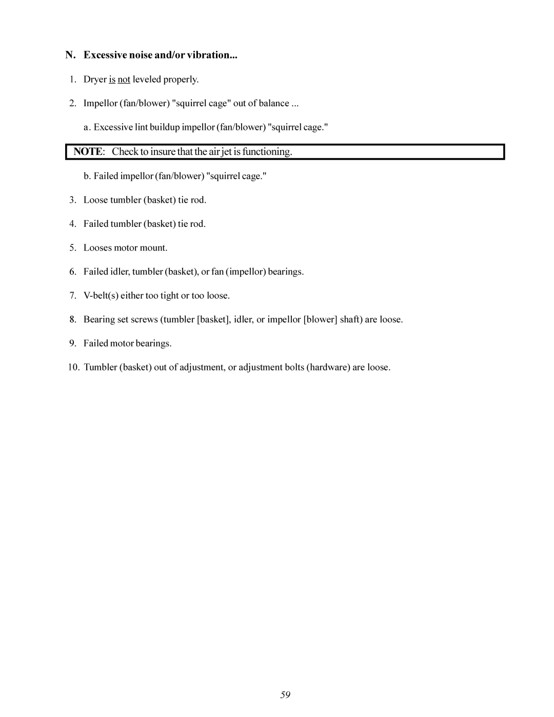 American Dryer Corp MD-170 manual Excessive noise and/or vibration 