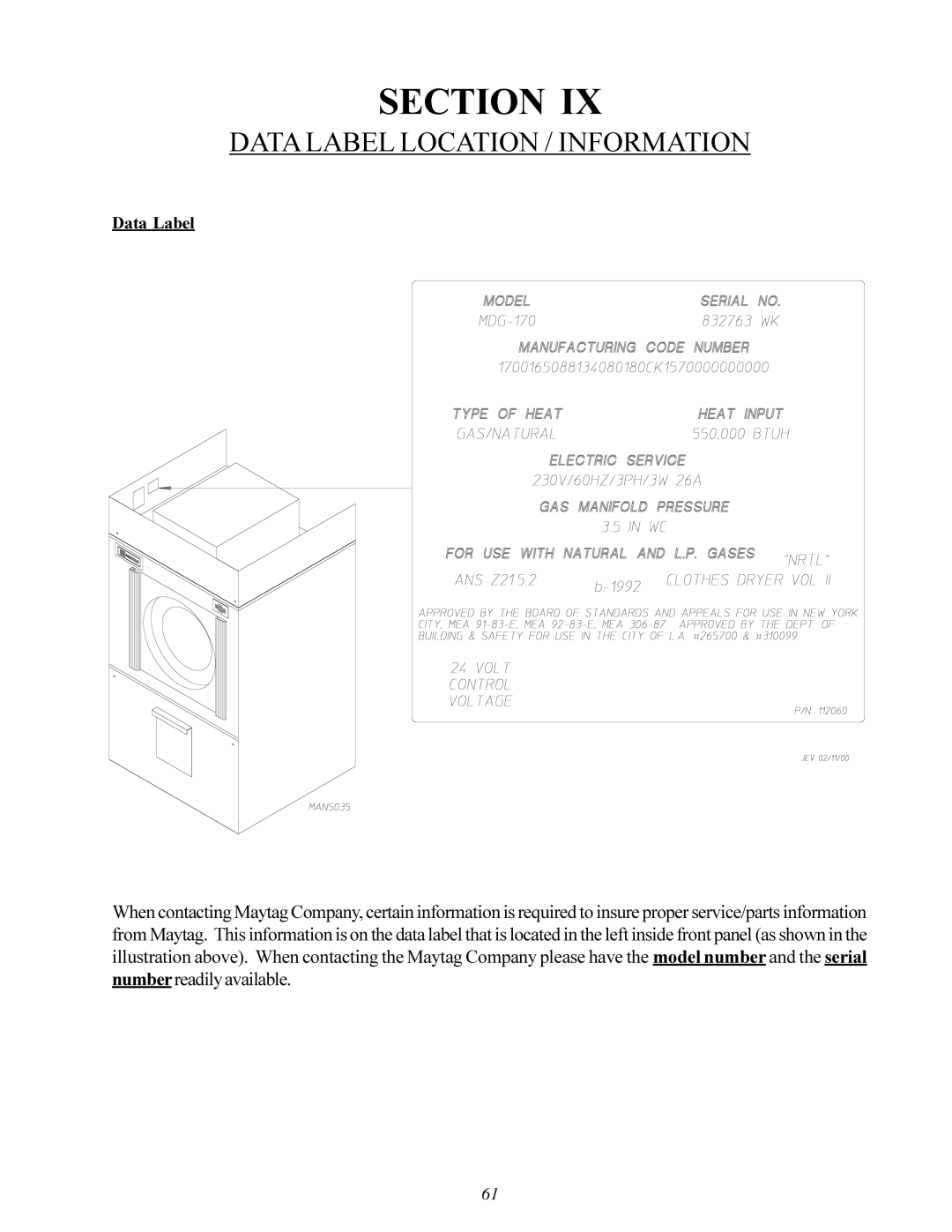 American Dryer Corp MD-170 manual Data Label Location / Information 