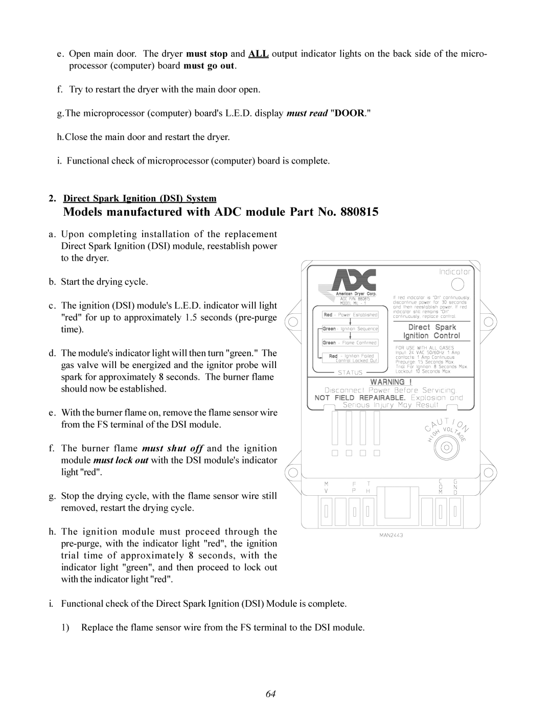 American Dryer Corp MD-170 manual Models manufactured with ADC module Part No 