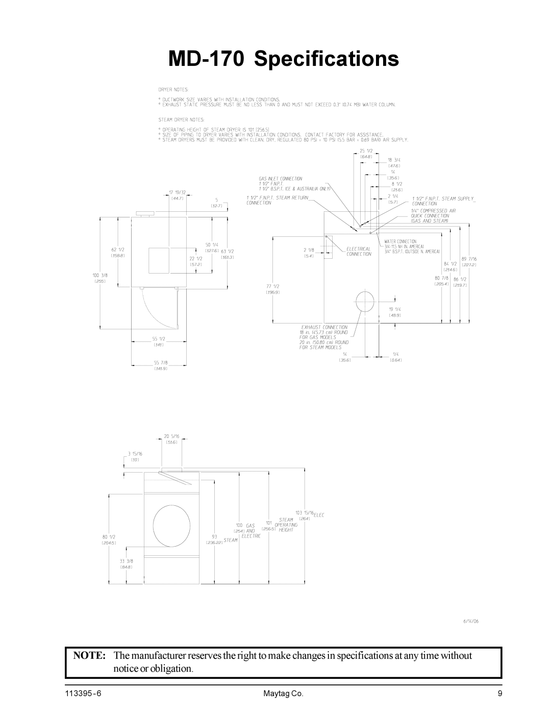 American Dryer Corp MDG-120PVV, MD-170PTVW installation manual MD-170 Specifications 