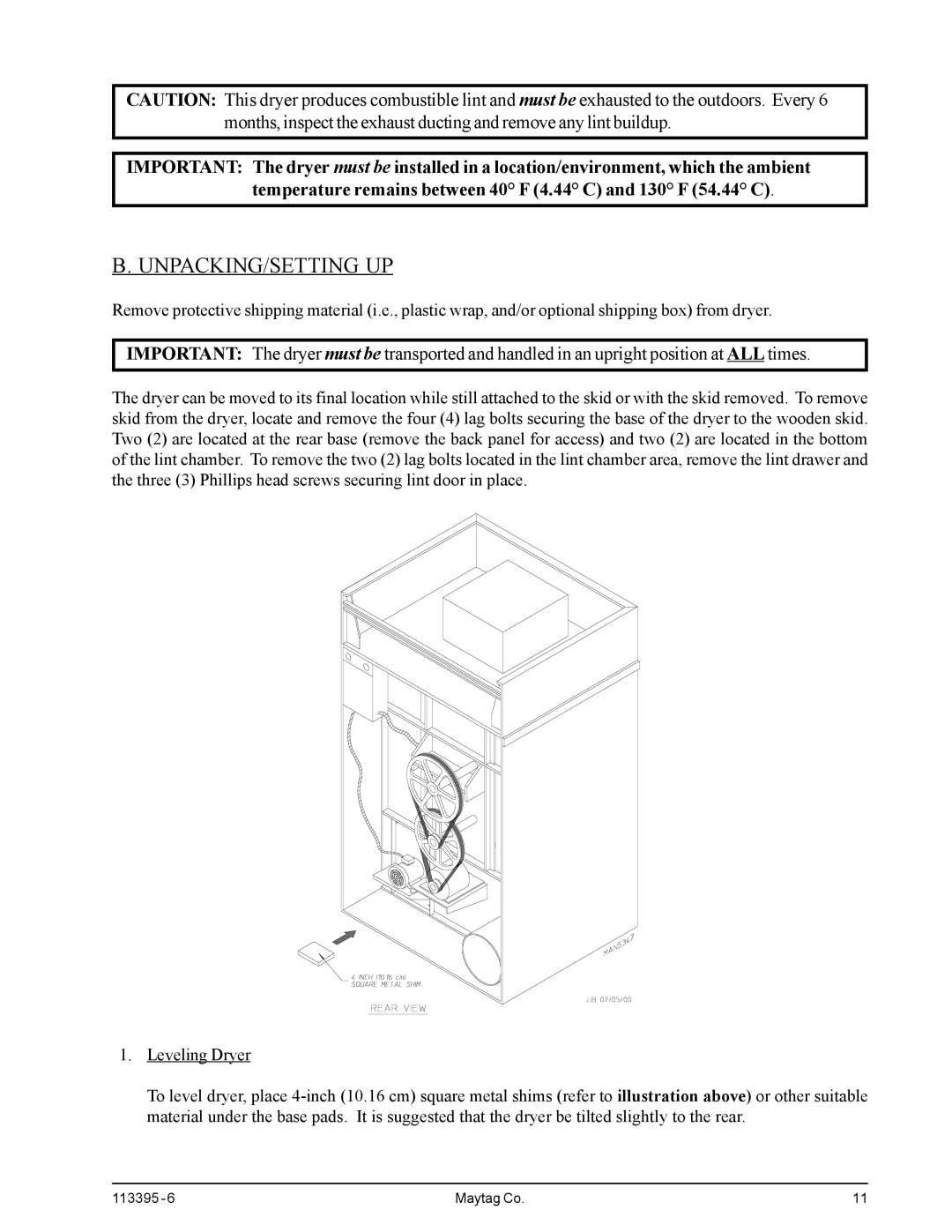 American Dryer Corp MDG-120PVV, MD-170PTVW installation manual Unpacking/Setting Up 