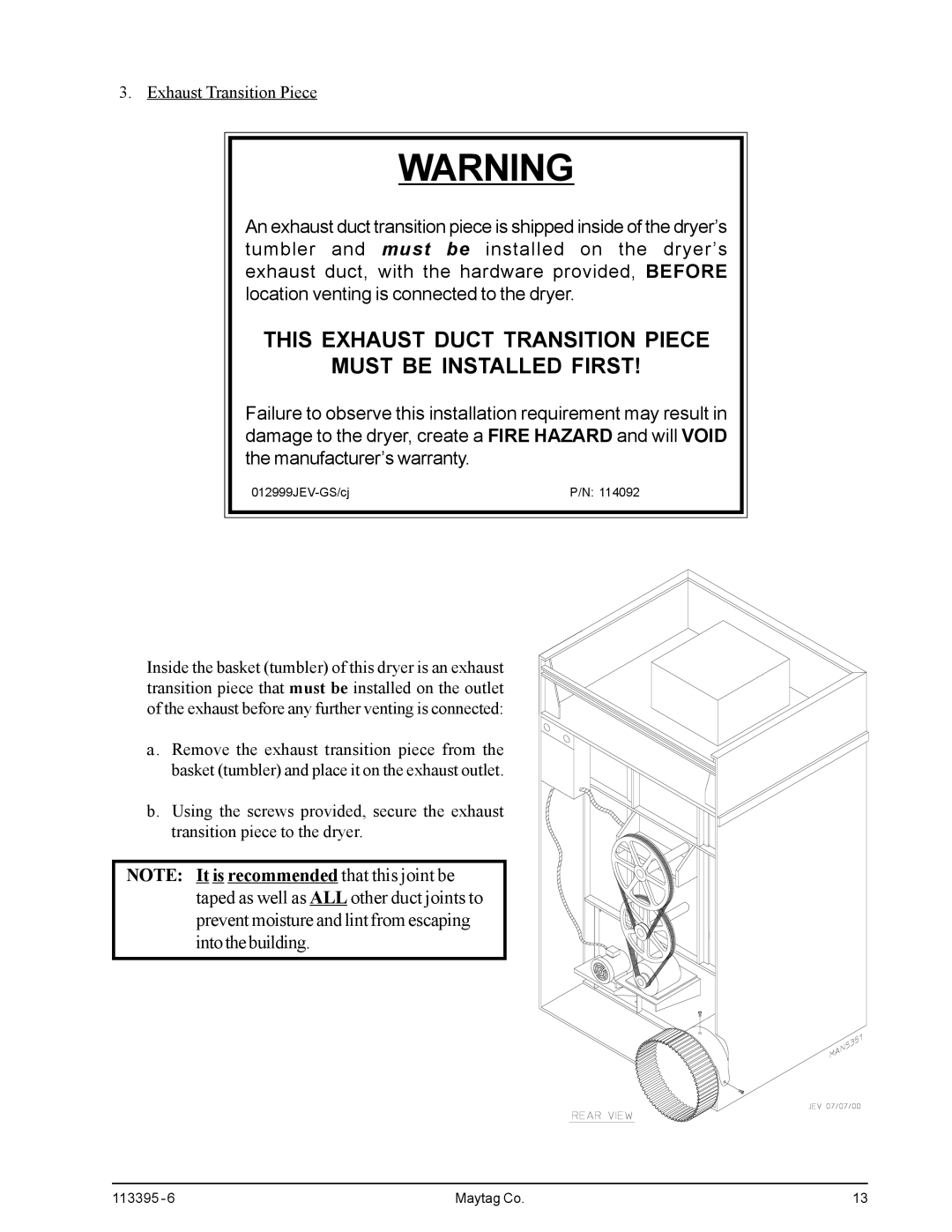 American Dryer Corp MDG-120PVV, MD-170PTVW installation manual This Exhaust Duct Transition Piece Must be Installed First 