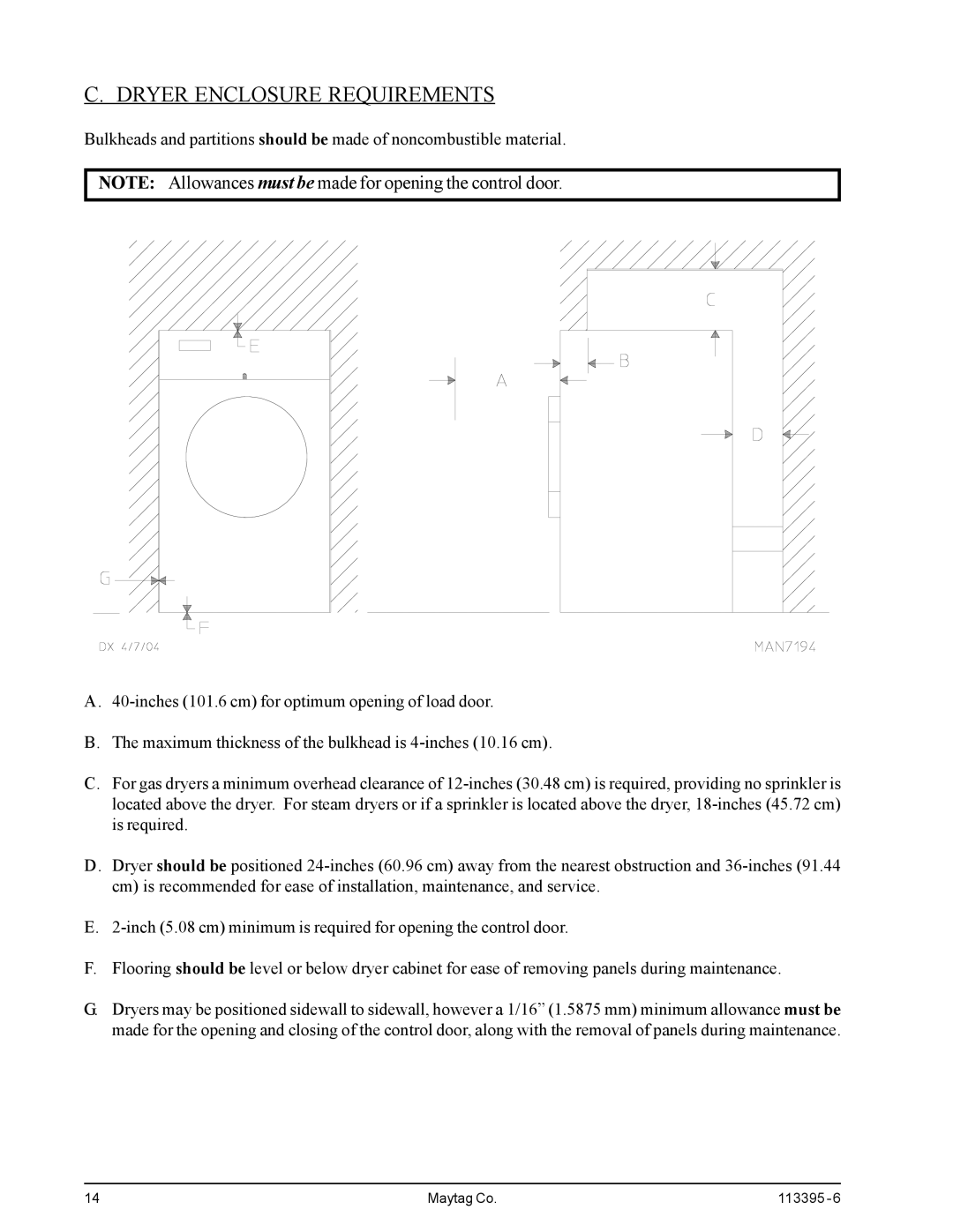 American Dryer Corp MD-170PTVW, MDG-120PVV installation manual Dryer Enclosure Requirements 