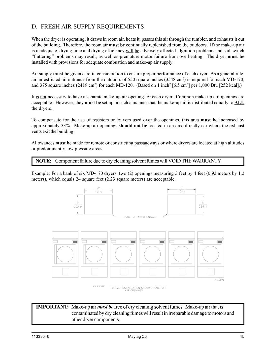 American Dryer Corp MDG-120PVV, MD-170PTVW installation manual Fresh AIR Supply Requirements 