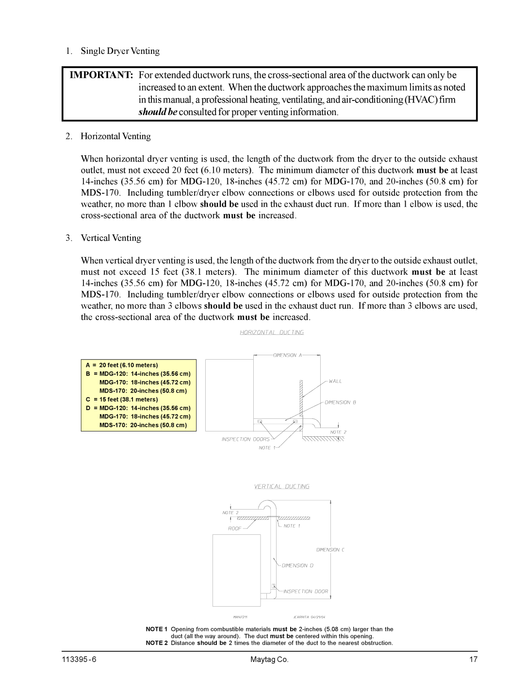 American Dryer Corp MDG-120PVV, MD-170PTVW installation manual Single Dryer Venting 