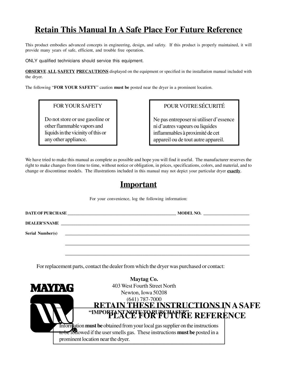 American Dryer Corp MD-170PTVW, MDG-120PVV installation manual Retain This Manual In a Safe Place For Future Reference 