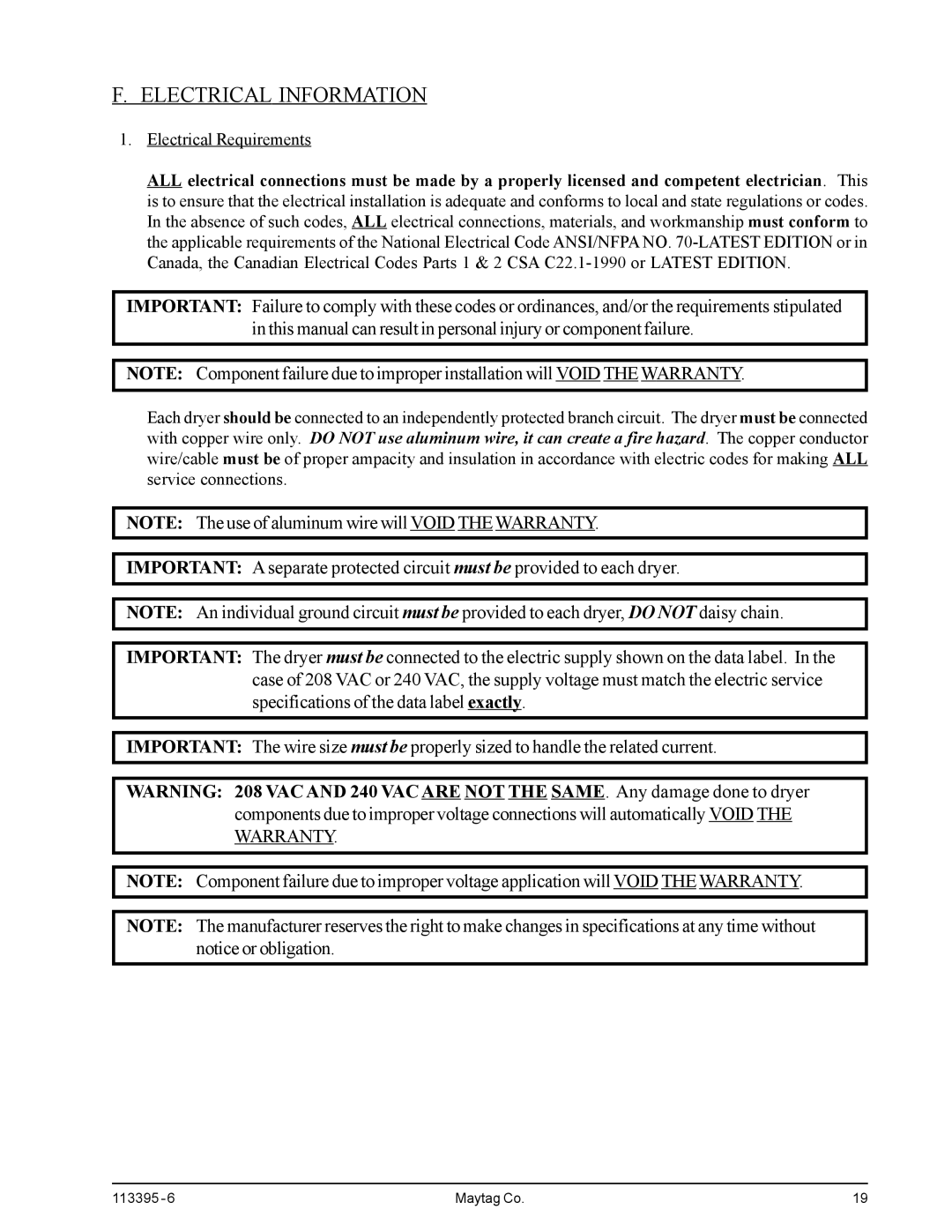 American Dryer Corp MDG-120PVV, MD-170PTVW installation manual Electrical Information, Electrical Requirements 