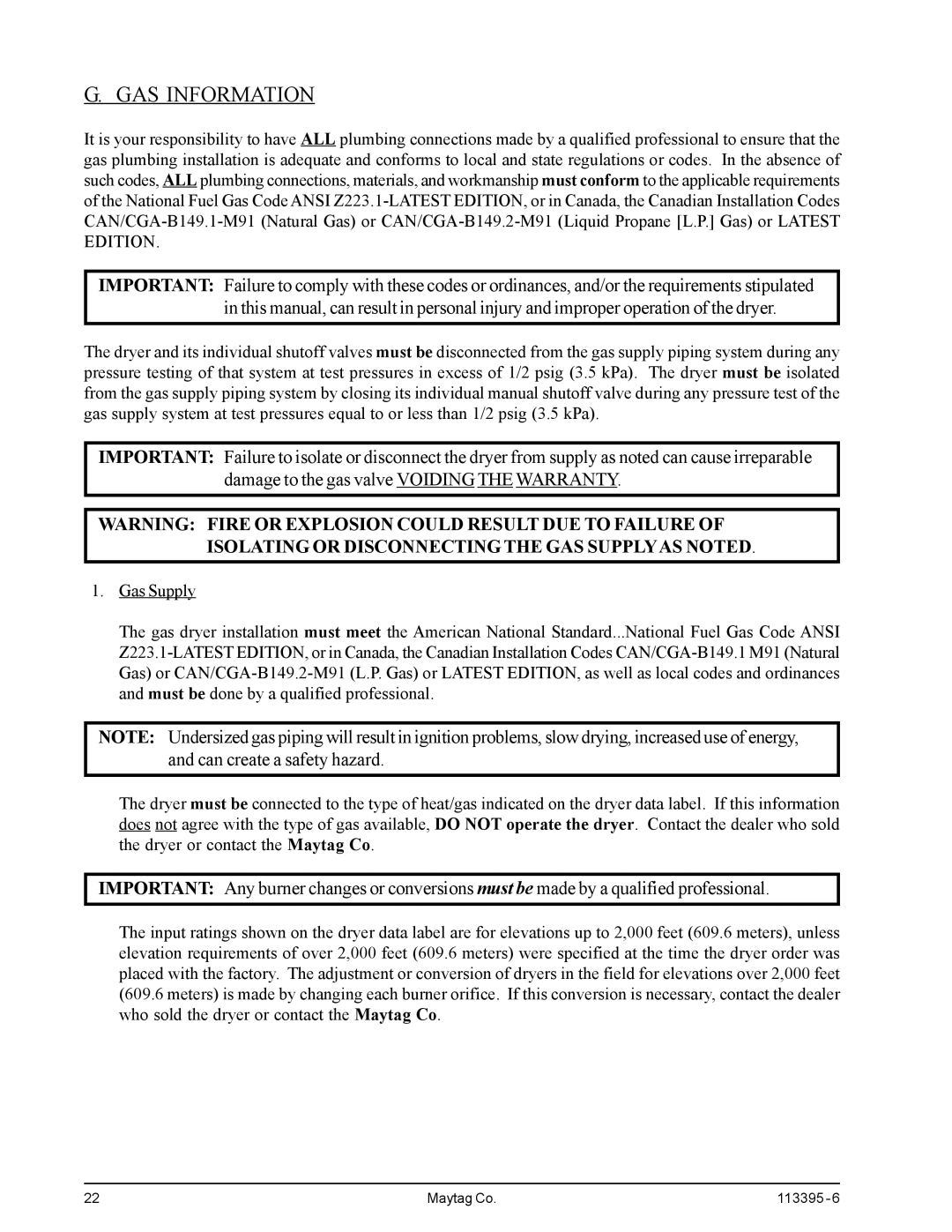 American Dryer Corp MD-170PTVW, MDG-120PVV installation manual GAS Information 