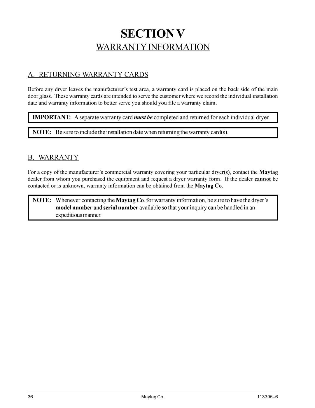 American Dryer Corp MD-170PTVW, MDG-120PVV installation manual Warranty Information, Returning Warranty Cards 