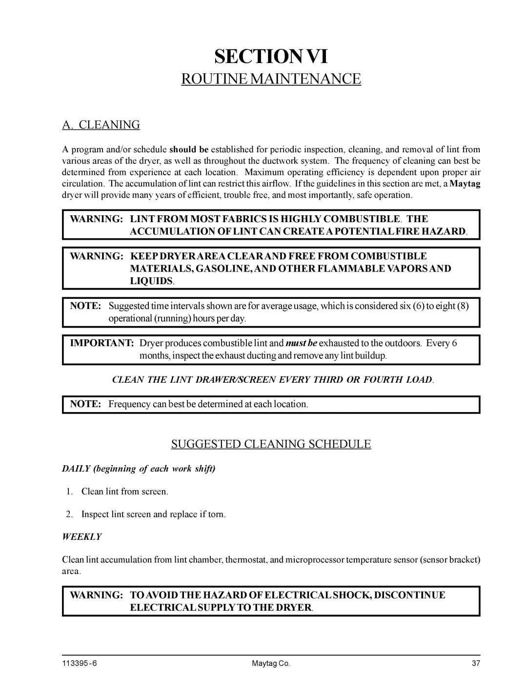 American Dryer Corp MDG-120PVV, MD-170PTVW installation manual Routine Maintenance, Suggested Cleaning Schedule 