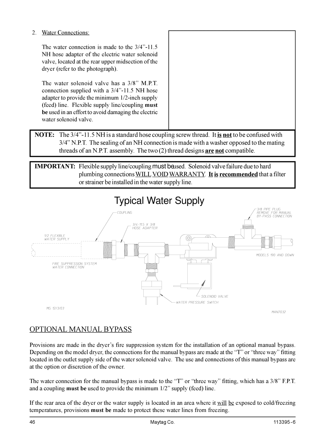 American Dryer Corp MD-170PTVW, MDG-120PVV installation manual Typical Water Supply, Optional Manual Bypass 