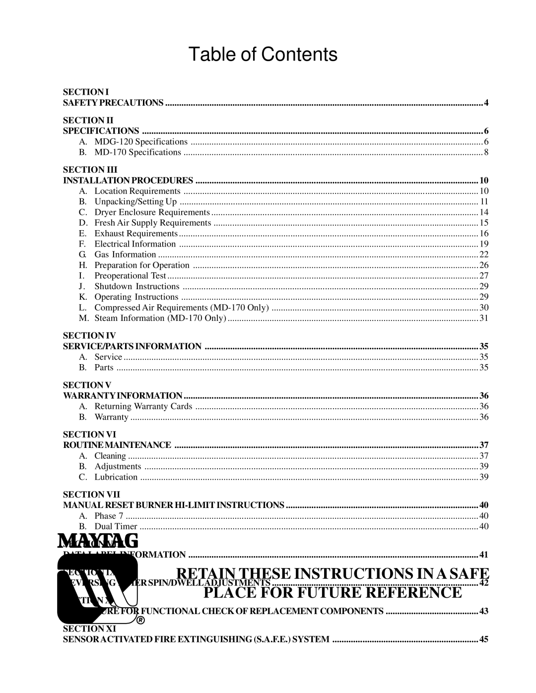 American Dryer Corp MDG-120PVV, MD-170PTVW installation manual Table of Contents 