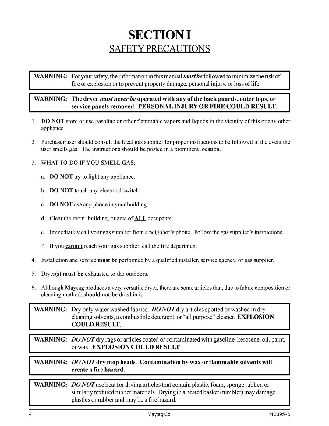 American Dryer Corp MD-170PTVW, MDG-120PVV installation manual Section, Safety Precautions 