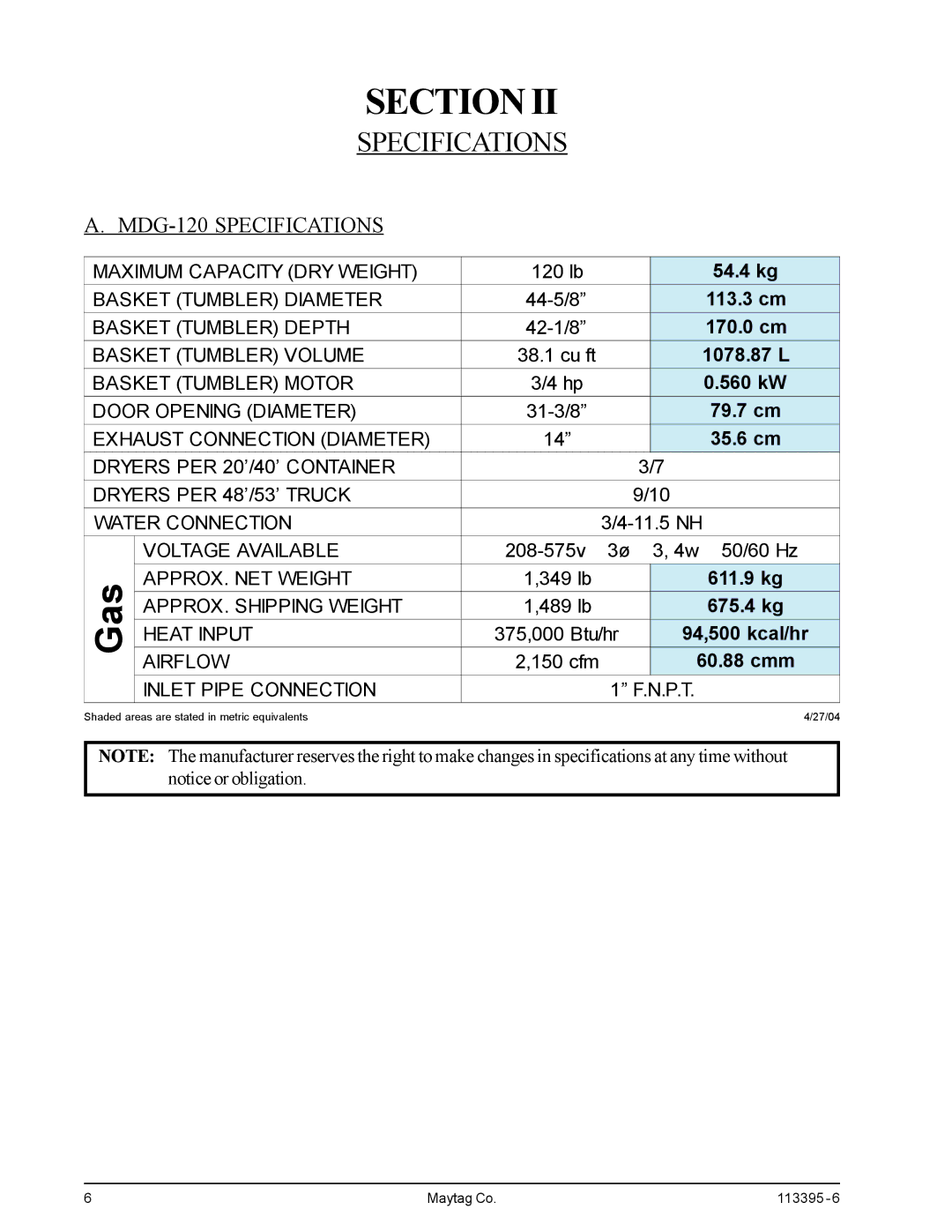 American Dryer Corp MD-170PTVW, MDG-120PVV installation manual MDG-120 Specifications 