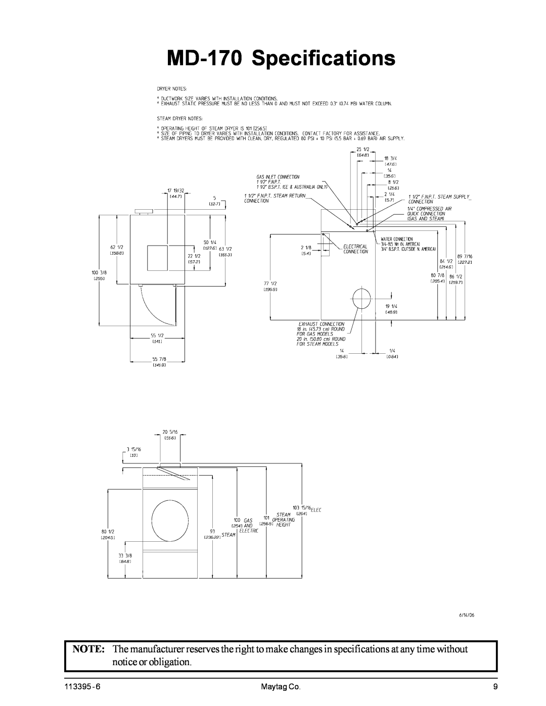 American Dryer Corp MDG-120PVV, MD-170PTVW installation manual MD-170 Specifications, Maytag Co, 113395 
