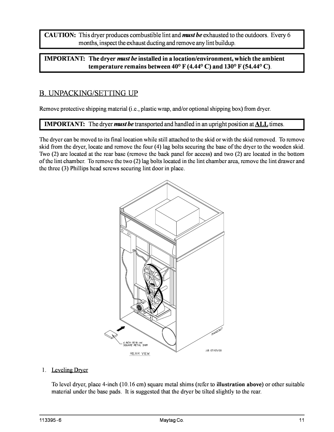 American Dryer Corp MDG-120PVV, MD-170PTVW installation manual B. Unpacking/Setting Up 