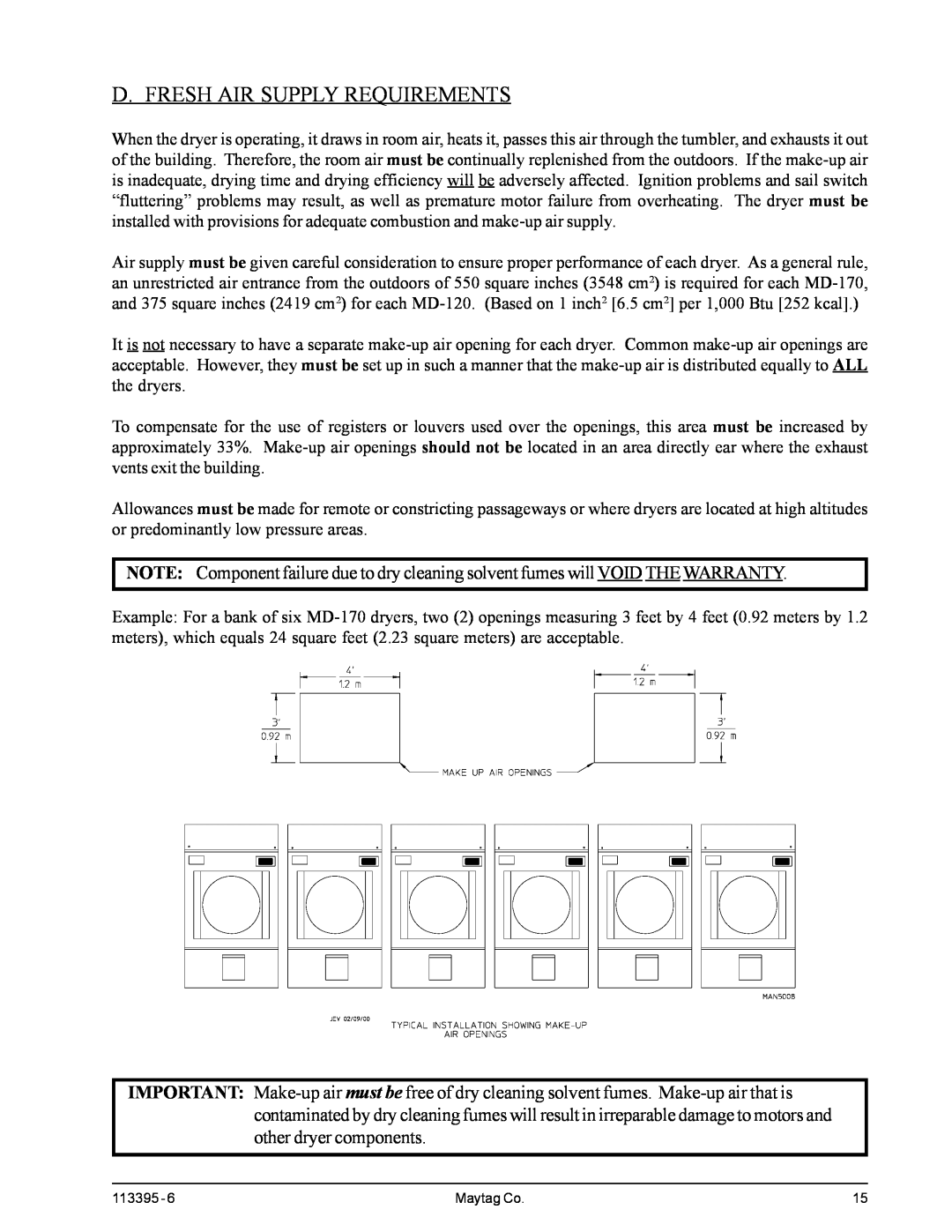 American Dryer Corp MDG-120PVV, MD-170PTVW installation manual D. Fresh Air Supply Requirements 