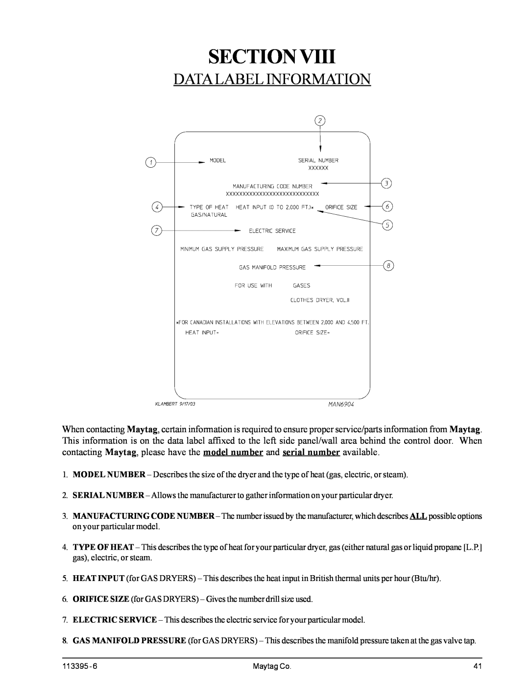 American Dryer Corp MDG-120PVV, MD-170PTVW installation manual Sectionviii, Data Label Information 