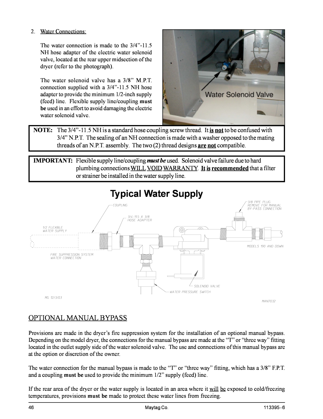 American Dryer Corp MD-170PTVW, MDG-120PVV installation manual Typical Water Supply, Optional Manual Bypass 