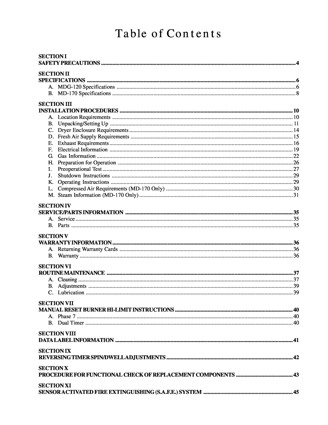 American Dryer Corp MDG-120PVV, MD-170PTVW installation manual Table of Contents, Section 