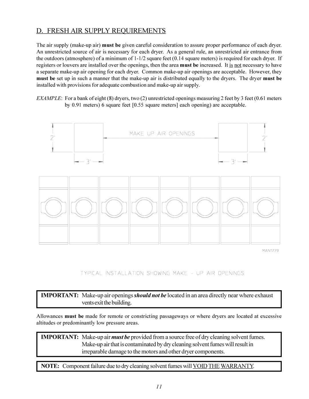 American Dryer Corp MDG-30 installation manual Fresh AIR Supply Requirements 