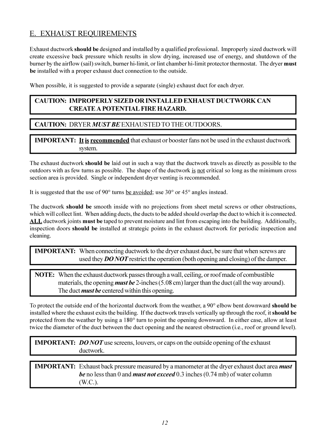 American Dryer Corp MDG-30 installation manual Exhaust Requirements 