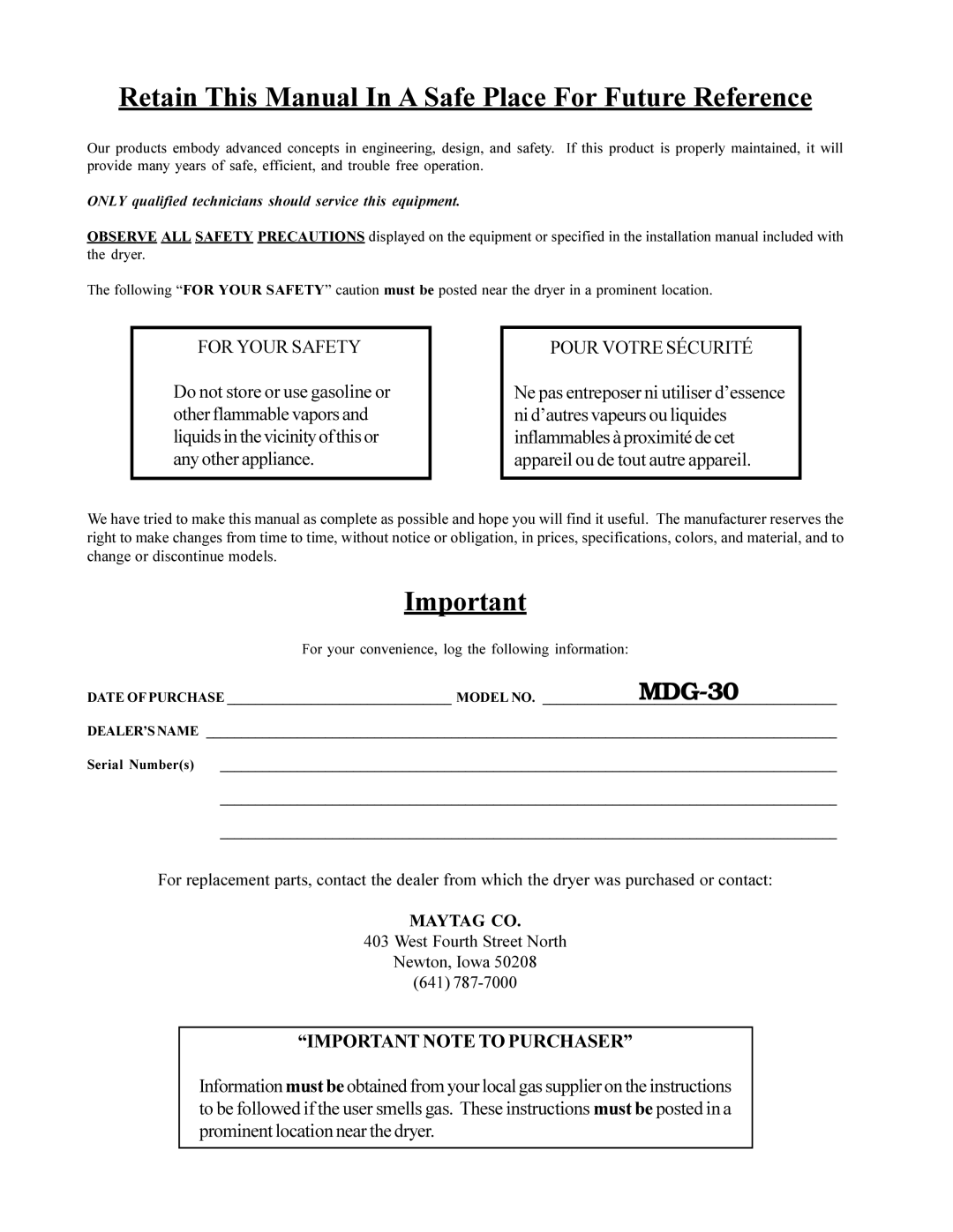 American Dryer Corp MDG-30 installation manual Retain This Manual In a Safe Place For Future Reference 