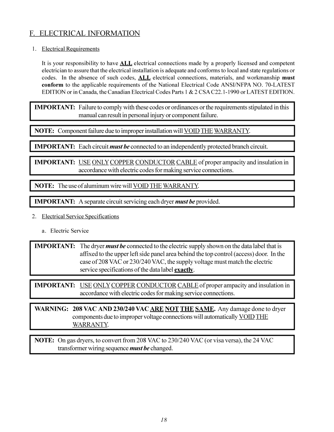 American Dryer Corp MDG-30 installation manual Electrical Information, Electrical Requirements 