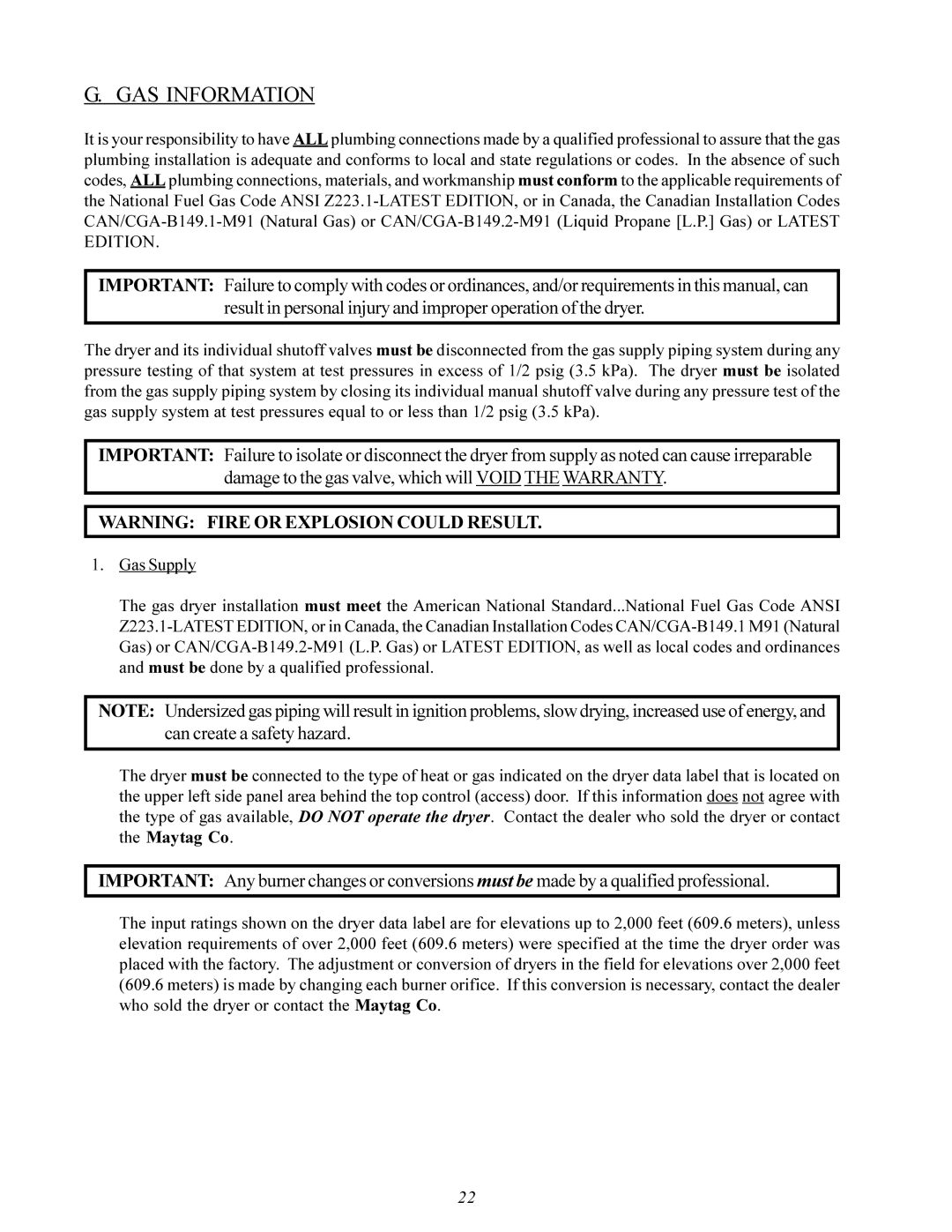 American Dryer Corp MDG-30 installation manual GAS Information 