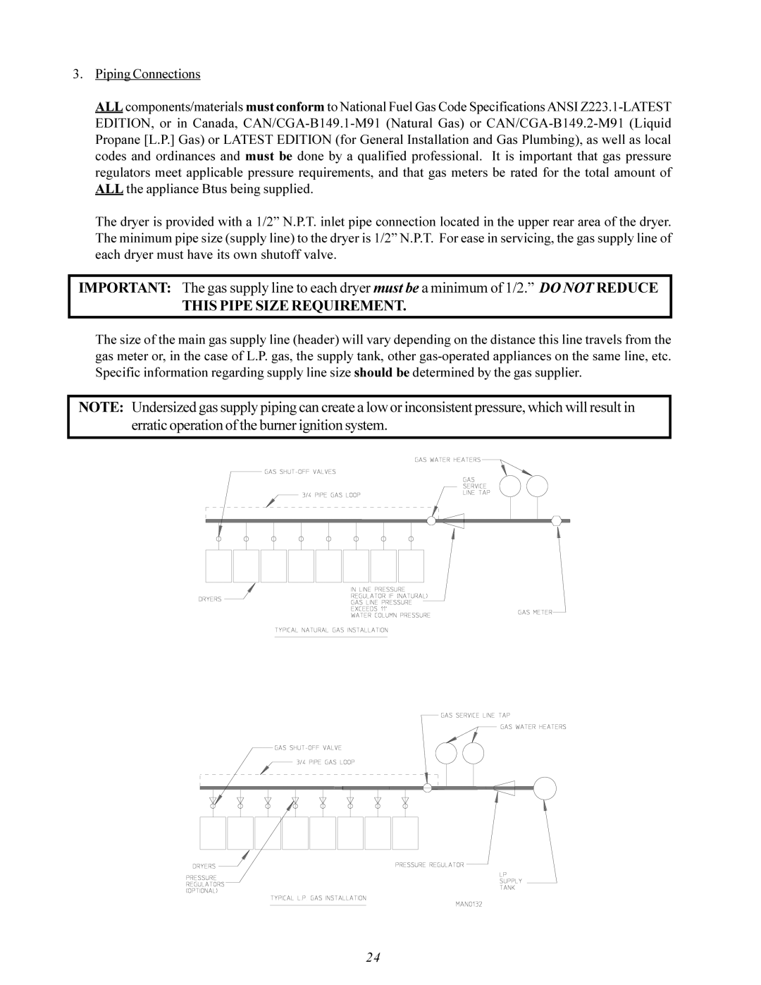 American Dryer Corp MDG-30 installation manual This Pipe Size Requirement 