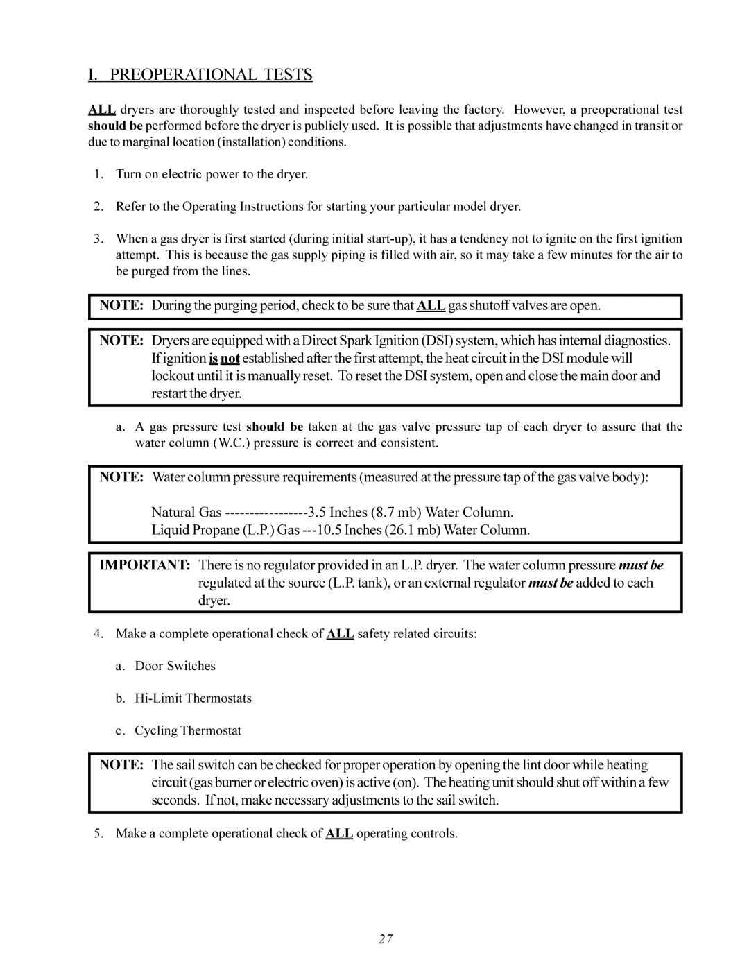 American Dryer Corp MDG-30 installation manual Preoperational Tests 